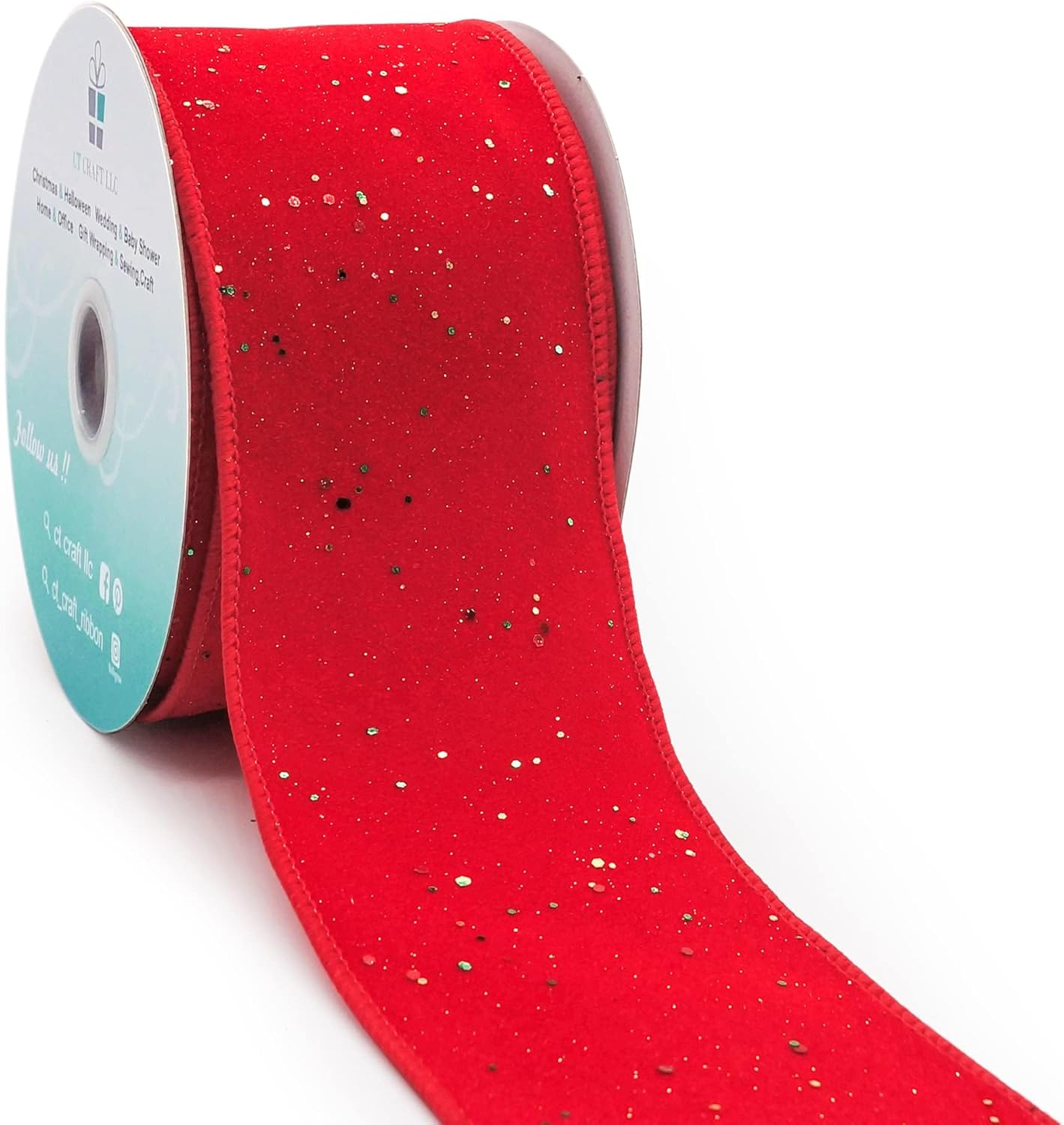CT CRAFT LLC Red Velvet with Confetti Glitter Wired Ribbon 2.5 Inch x 10 Yards for Christmas Home Decor Tree Topper Bow Gift Wrapping DIY Crafts Wreath Garland