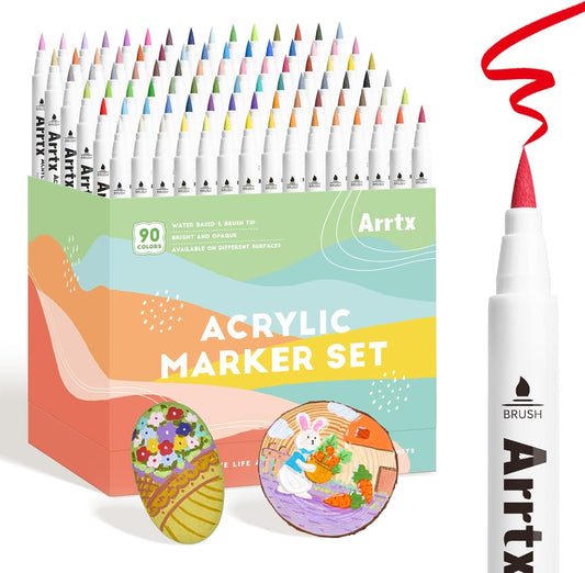 Arrtx 90 Colors Paint Markers Pens, Acrylic Paint Pens for Artists Adults Coloring Drawing Landscape Scenery Natural- Brush Tip for Rock Painting, Wood, Canvas, DIY Crafts Making Art Supplies-90B