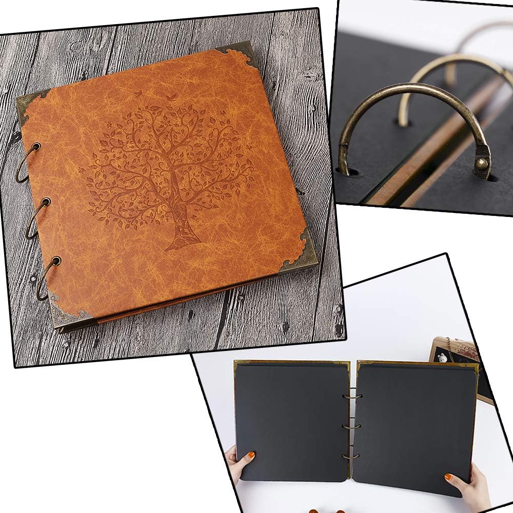 Photo Album DIY Scrapbook 10x10 inch 50 Pages Double Sided, Vintage Leather Cover Three-Ring Binder Picture Booth + 408pcs Self Adhesive Photos Corners for Memory Keep (Family Tree Brown Sugar)