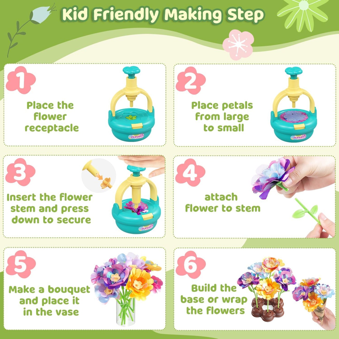 TingingYuli Arts and Crafts Kit for Kids Ages 4-8,Flower Bouquet Toys,DIY Flower Market Toys,Build Your Bouquet,Educational Christmas Birthday Gifts for 3 4 5 6 7 8 9 Year Old Girls-Blue