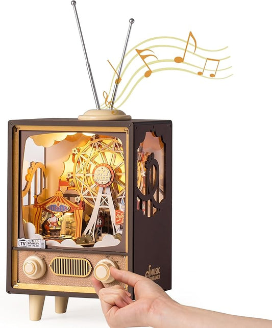 ROBOTIME Wooden Music Box 3D Wooden Puzzles for Adults Ferris Wheel Music Box Model Building Set DIY Book Nook Kit for Hobby Personalized Crafts Gift (Sunset Carnival)