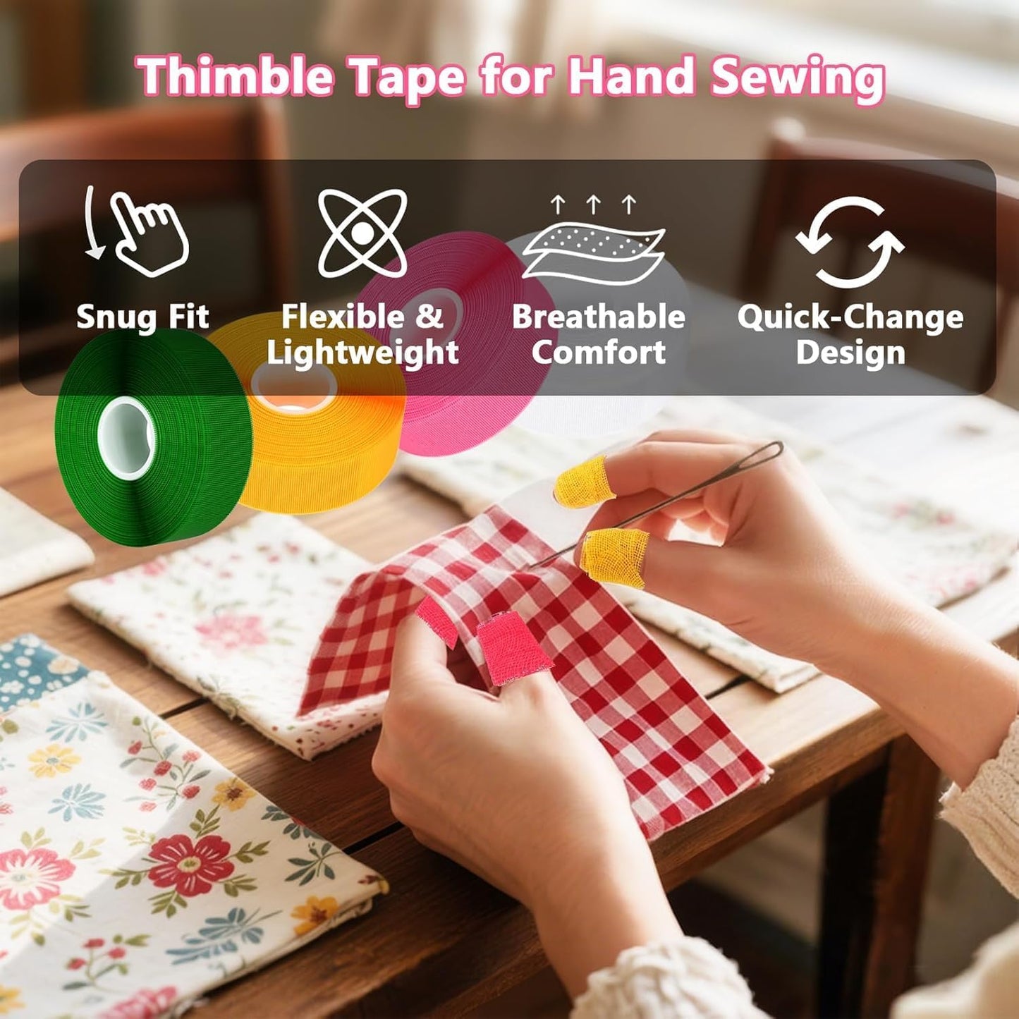 6 Pack Thimble Tape for Hand Sewing,1.6CM*15M Thimbles for Hand Sewing,Soft & Breathable Cotton Gauze Sewing Finger Protector for Embroidery, Needlework, Needlepoint,Knitting(Multicolor)