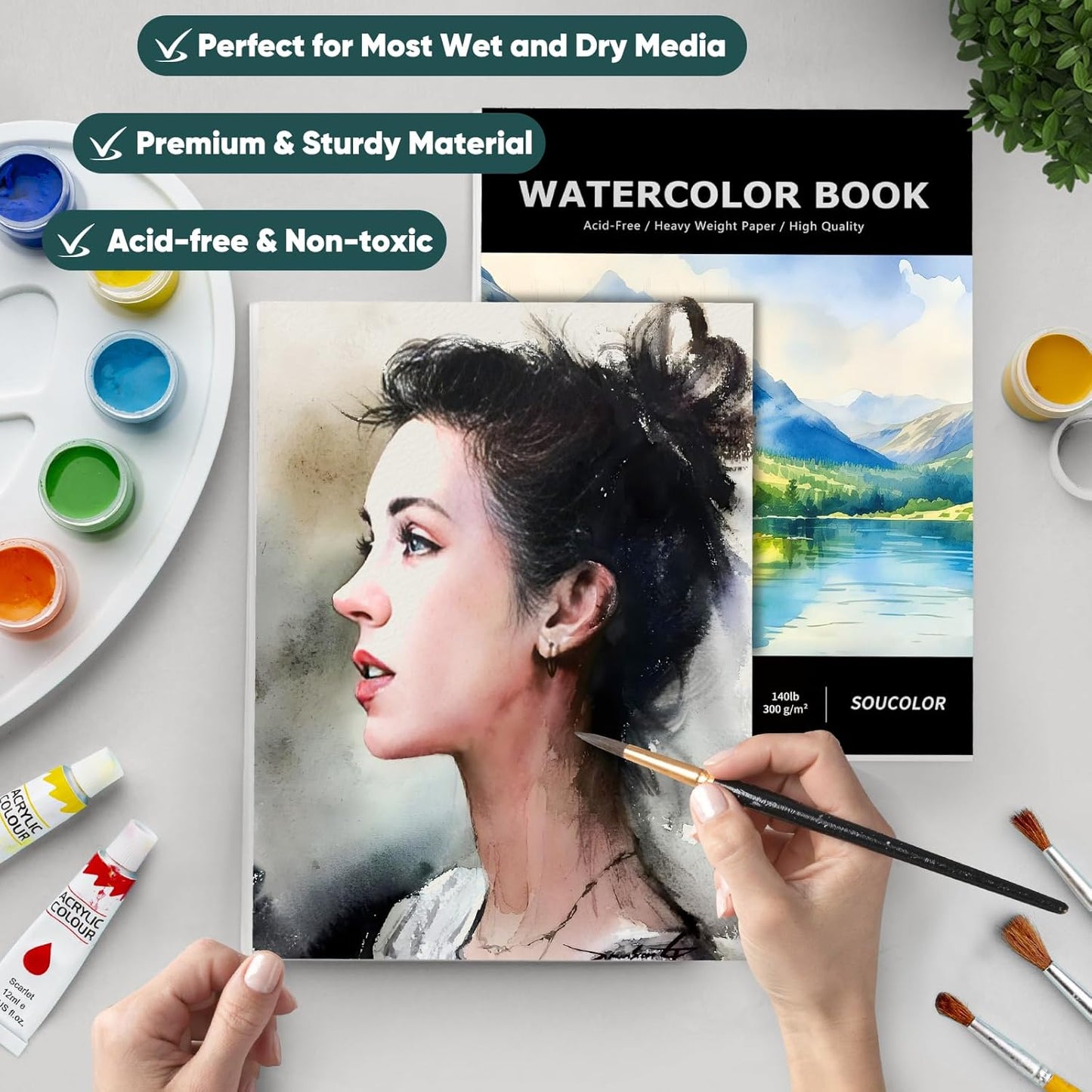 Soucolor Watercolor Paper Pad, 9"x12" Water Color Paper, 140lb/300gsm 40 Sheets Artist Painting Drawing Paper Book, Art Supplies for Adults Kids, Watercolor Paint Set, Sketchbook, Journal, Notebook