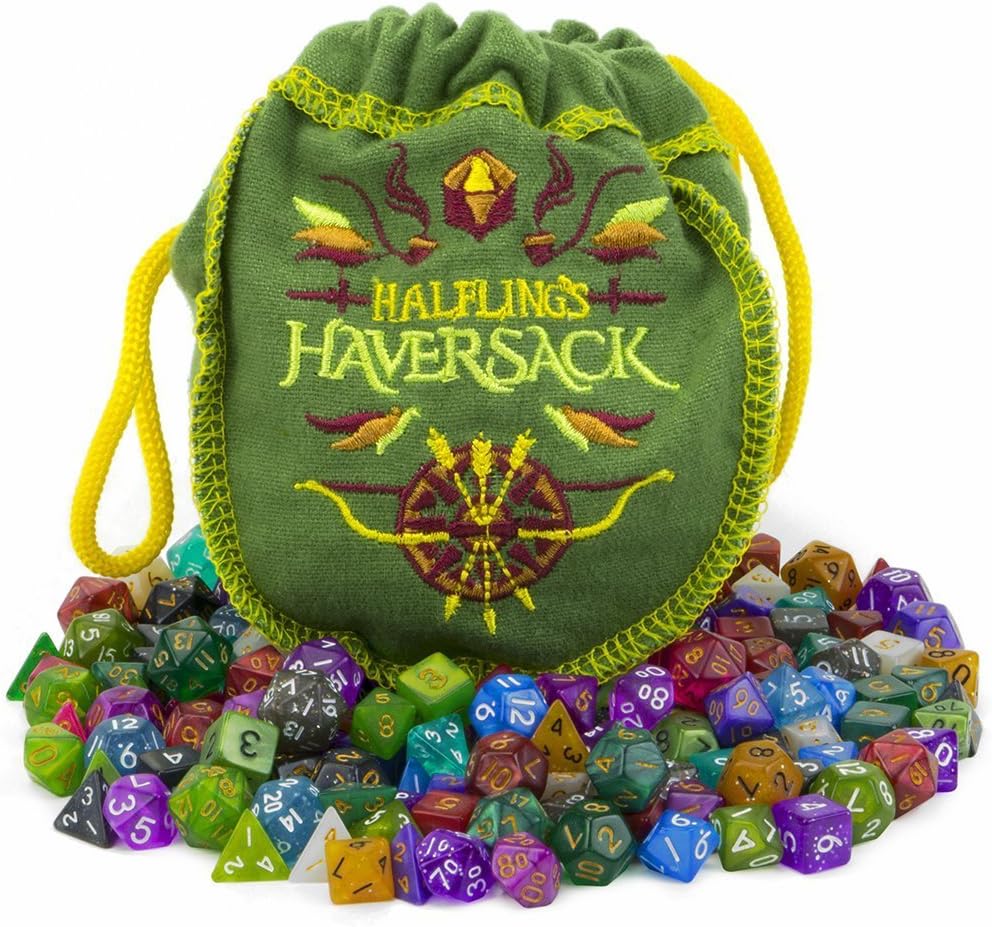 Wiz Dice Mini DND Dice Set - 140 Pieces Total (20 Sets of 7 Dice in Unique Colors) & Storage D&D Bag-Polyhedral Role Playing Dice - Perfect DND Accessories for TTRPG Dice - Hafling's Haversack