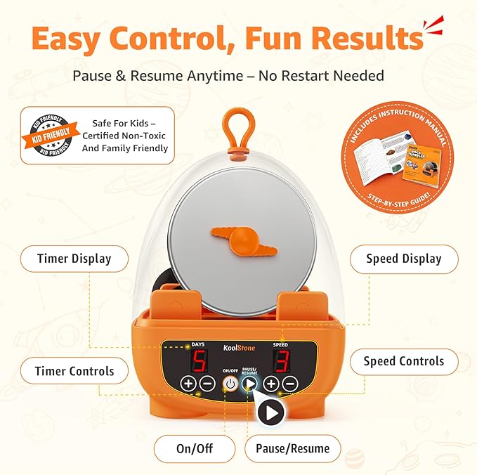 C5 Rock Tumbler for Kids - Dual Noise-Reduction for Quiet Tumbling, Adjustable Timer & Speed with Full Accessories & Memory Function, Complete Rock Polishing Kit for Starter - Great STEM Science Gift