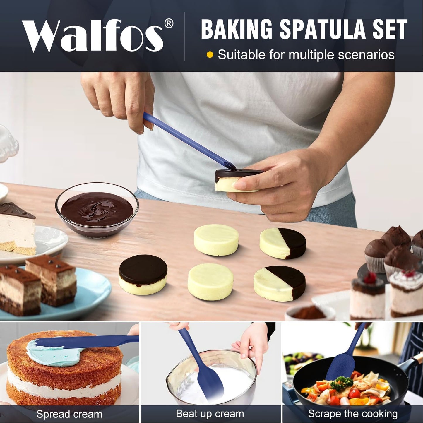 Walfos Silicone Spatula Set (5pcs) - 600℉ High Heat Resistant Kitchen Spoon Navy Blue Spatulas for Cooking Mixing & Baking, Strong Steel Core and One-Pieces Seamless Design, BPA Free Dishwasher Safe