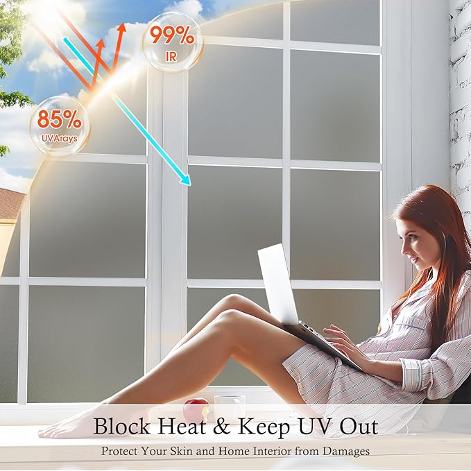 Coavas Window Privacy Film Frosted Glass Static Cling UV Sun Blocking Heat Control Window Tint Day and Night Insulation Home Bathroom Door Decorative Frosting Cover, 29.5 x 118.1 Inch, Gray