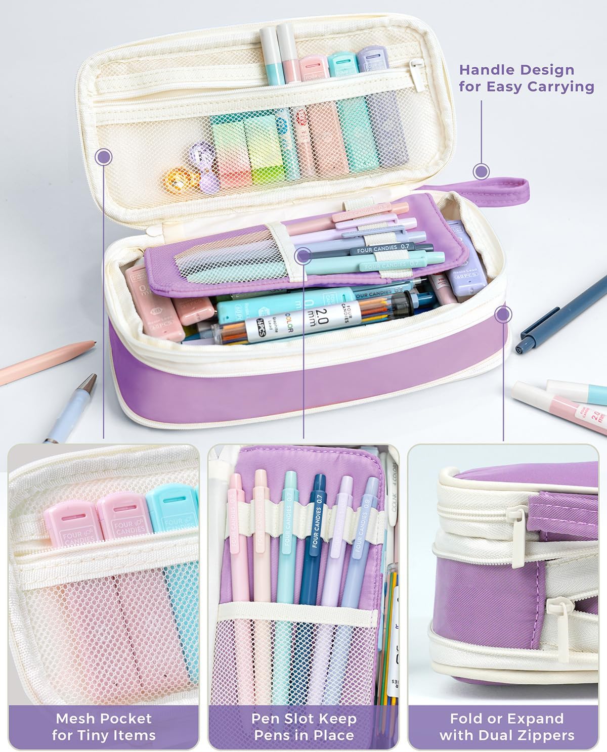 Four Candies 36PCS Aesthetic School Supplies, Mechanical Pencil Set 0.5mm, 0.7mm, 0.9mm & 2.0mm with 624 Lead Refills, Back to School Supplies for Writing & Drawing, Ideal Stationary Set Gift (Purple)