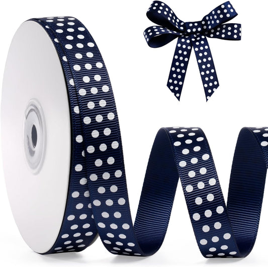 Polka Dot Grosgrain Ribbon 5/8 Inch, 25 Yards Spool Navy Blue and White Dot Craft Ribbon for Christmas Gift Wrapping DIY Crafts Hair Bows Wedding Party Decor Sewing and Home Decoration