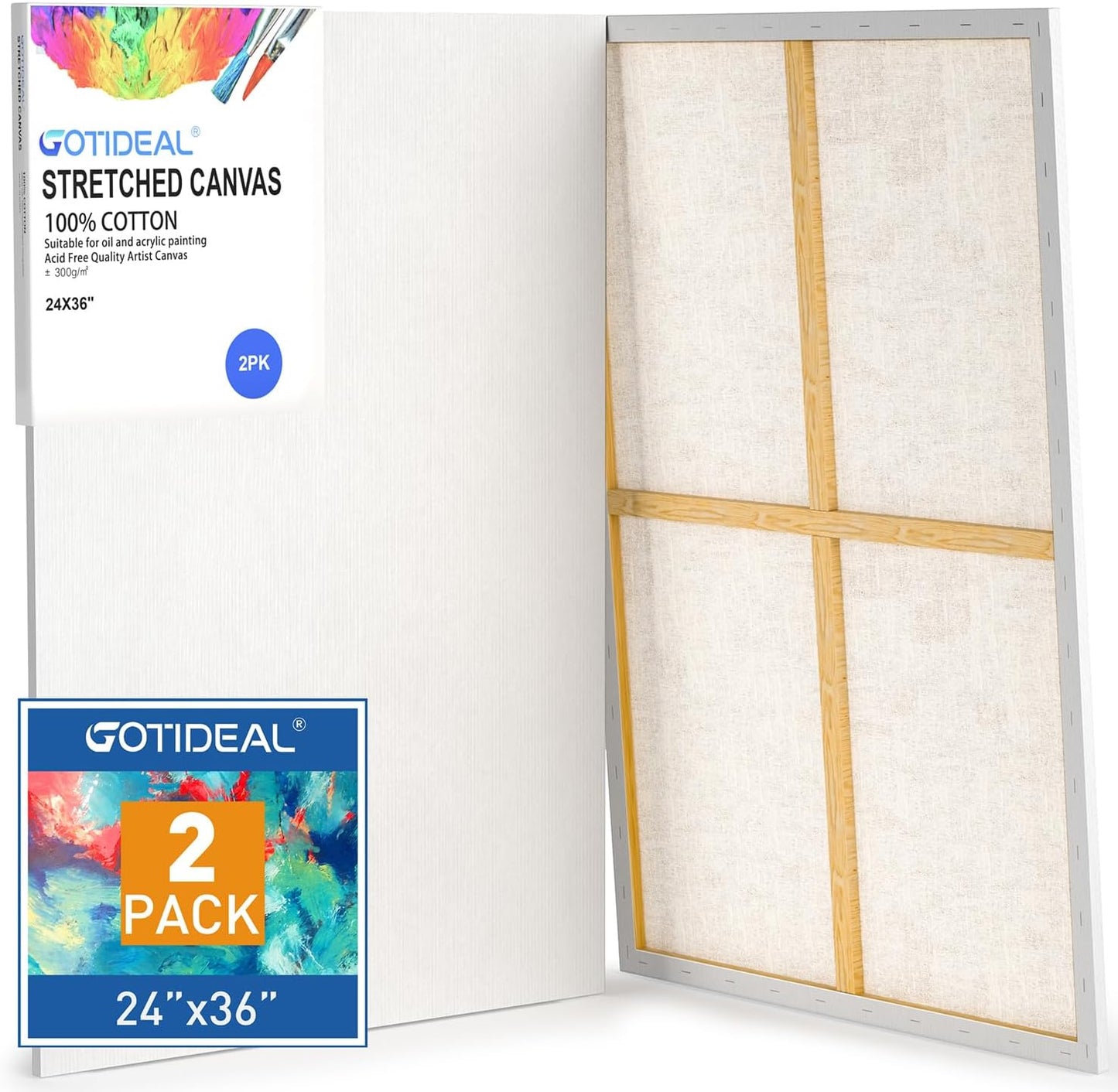 GOTIDEAL Stretched Canvases for Painting, 24x36" Inch Set of 2, Primed White - 100% Cotton Blank Art Large Canvas Boards for Painting for Acrylic Pouring, Oil Paint Dry & Wet Art Media