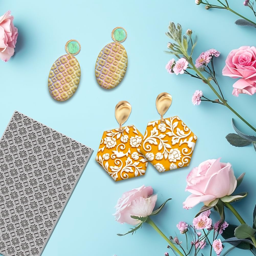 4PCS Polymer Clay Texture Sheets Set for Using with Clay Cutters, Vintage Clay Texture Mats, Pottery Jewelry Making Kit DIY Creative Crafts Tools