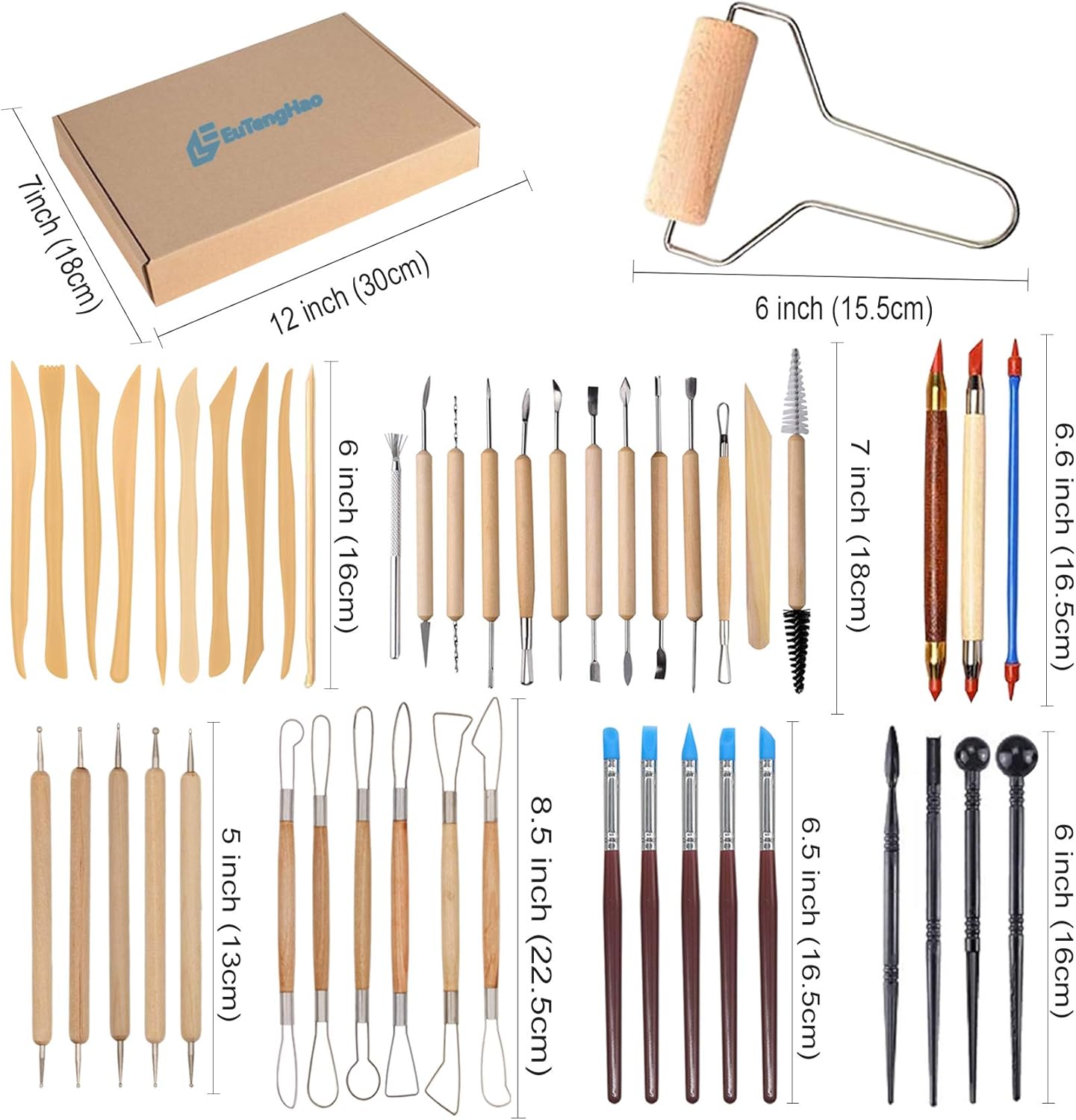 EuTengHao 61Pcs Ceramic Clay Tools Kit Pottery Tools Clay Sculpting Shapers Carving Tool Set Contains Most Essential Wooden Clay Tools for Potters Beginners