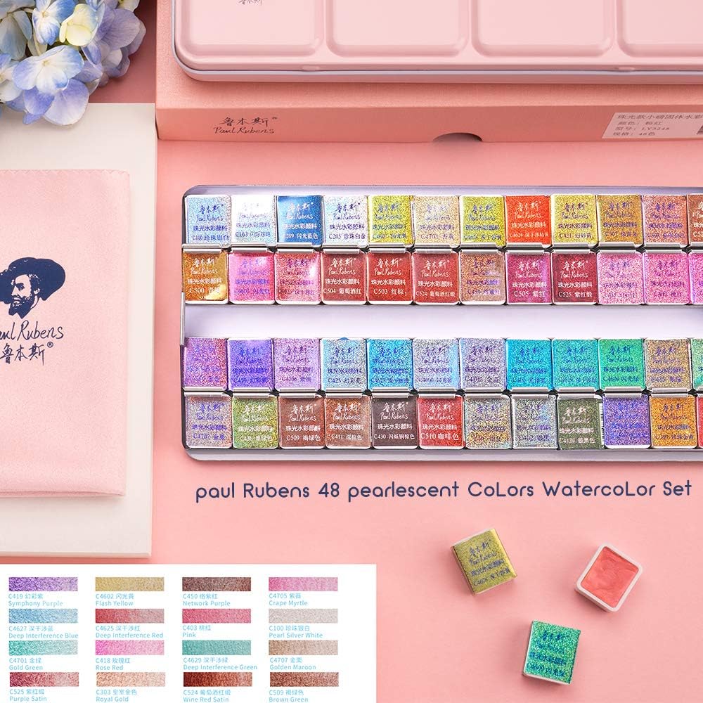 Paul Rubens Artist Grade Watercolor Set, 48 Colors Glitter Metallic Paints, Portable Metal Case, Suitable for Beginners, Hobbyists, Students, Artists