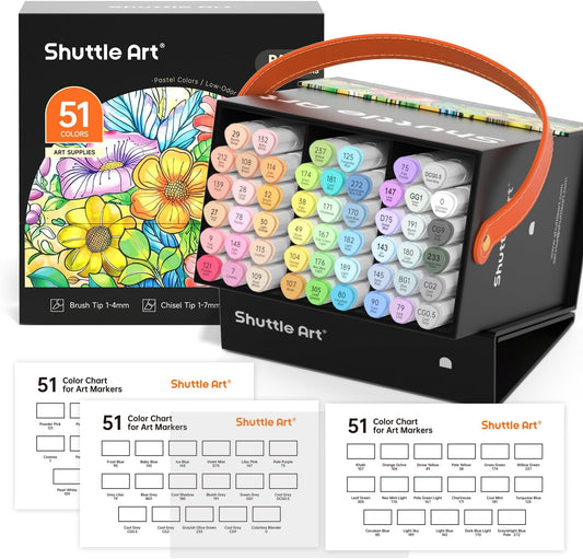 Shuttle Art Pastel Alcohol Markers Brush tip, Dual Tip Brush & Chisel Tip Art Marker Set, 50 Colors plus 1 Blender Marker Pens with Case Perfect for Illustration Students Adults Coloring Sketching