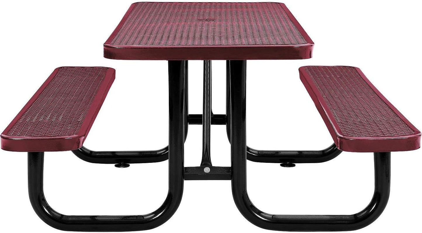 Global Industrial 6’L Rectangular Picnic Table, Expanded Metal, Red Thermoplastic Coating, Attached Benches, 1-1/2” Umbrella Pole Hole, Outdoor-Rated, 1000 lb Capacity, 72” x 30” Tabletop