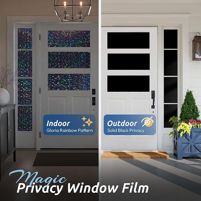 rabbitgoo Blackout Rainbow Window Privacy Film Decorative Stained Glass Diamond Pattern Window Sticker with Iridescent Tint Non-Adhesive Static Cling for Home Office Bathroom, 23.6 x 118.1 inch, Black