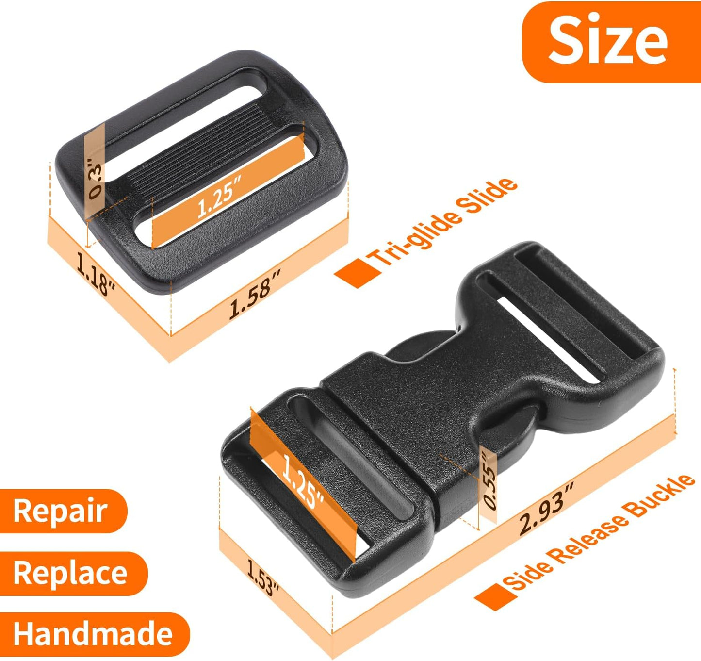 Heavy-Duty Buckles and Strap Set 1-1/4": 6 Yards of Thick Nylon Webbing, 6-Pack Adjustable Quick Side Release Plastic Buckles, 12 Tri-Glide Slide Clips, Black (1 1/4 Inch Combo Set)