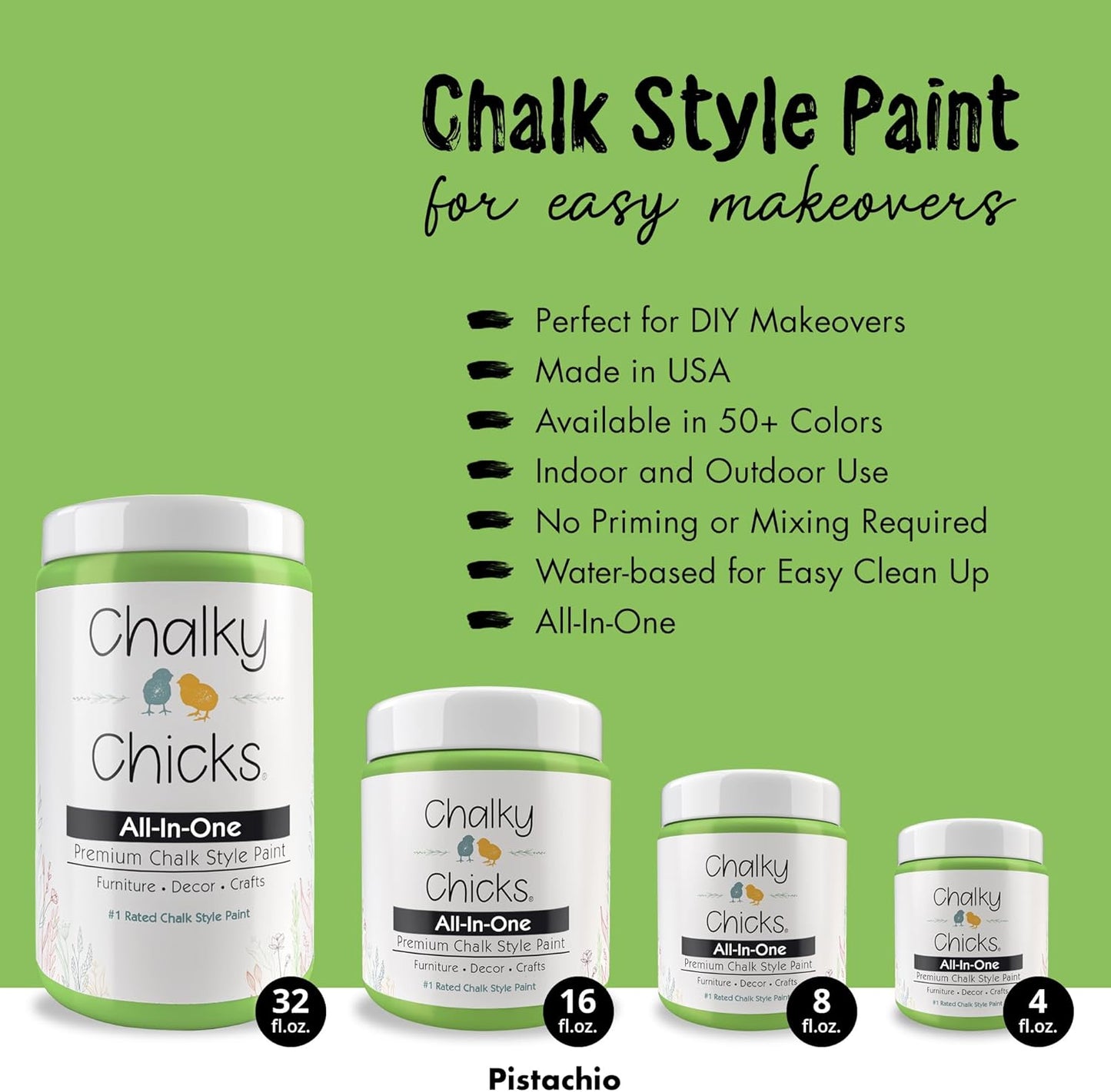 Chalky Chicks All-in-One Chalk Paint for Furniture or Cabinet - 4 Fl Oz - Matte Finish Pistachio (Lime Green) for Metal, Wood Furniture Paint - No Sanding All-in-One for Home Decor & Crafts, USA Made
