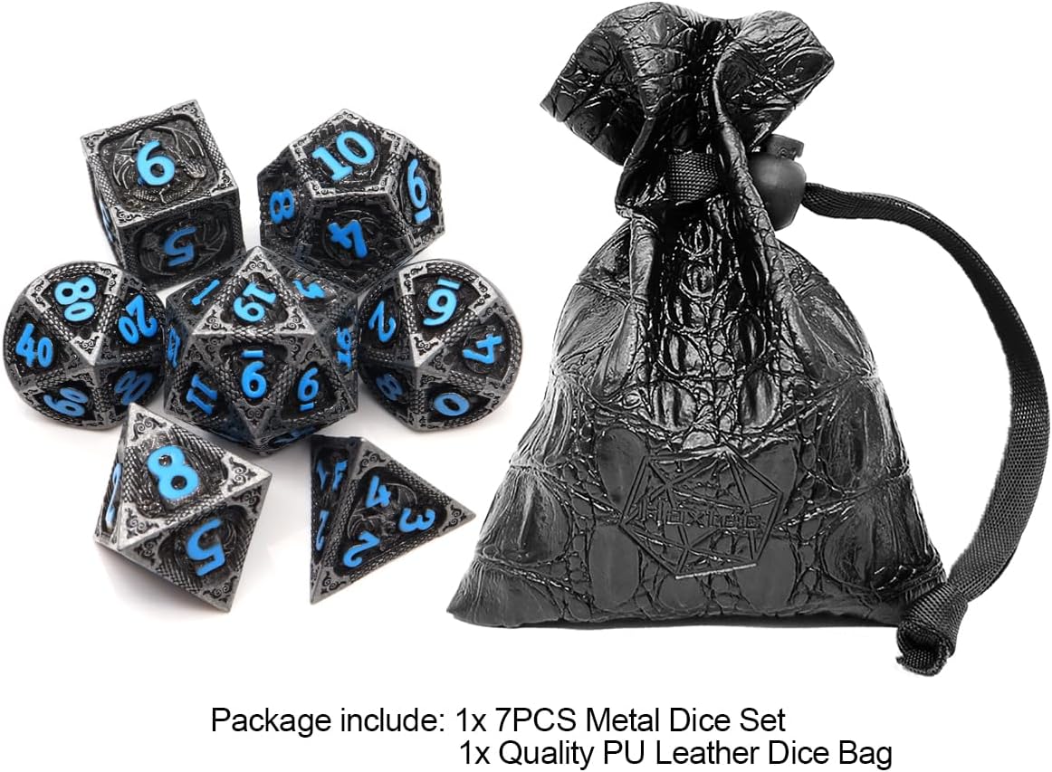 Haxtec Metal DND Dice Set Black Blue Dragon D&D Dice Set with Leather Dice Bag Metal Polyhedral Dice Compatible with Dungeons and Dragons Gifts TTRPG Dice