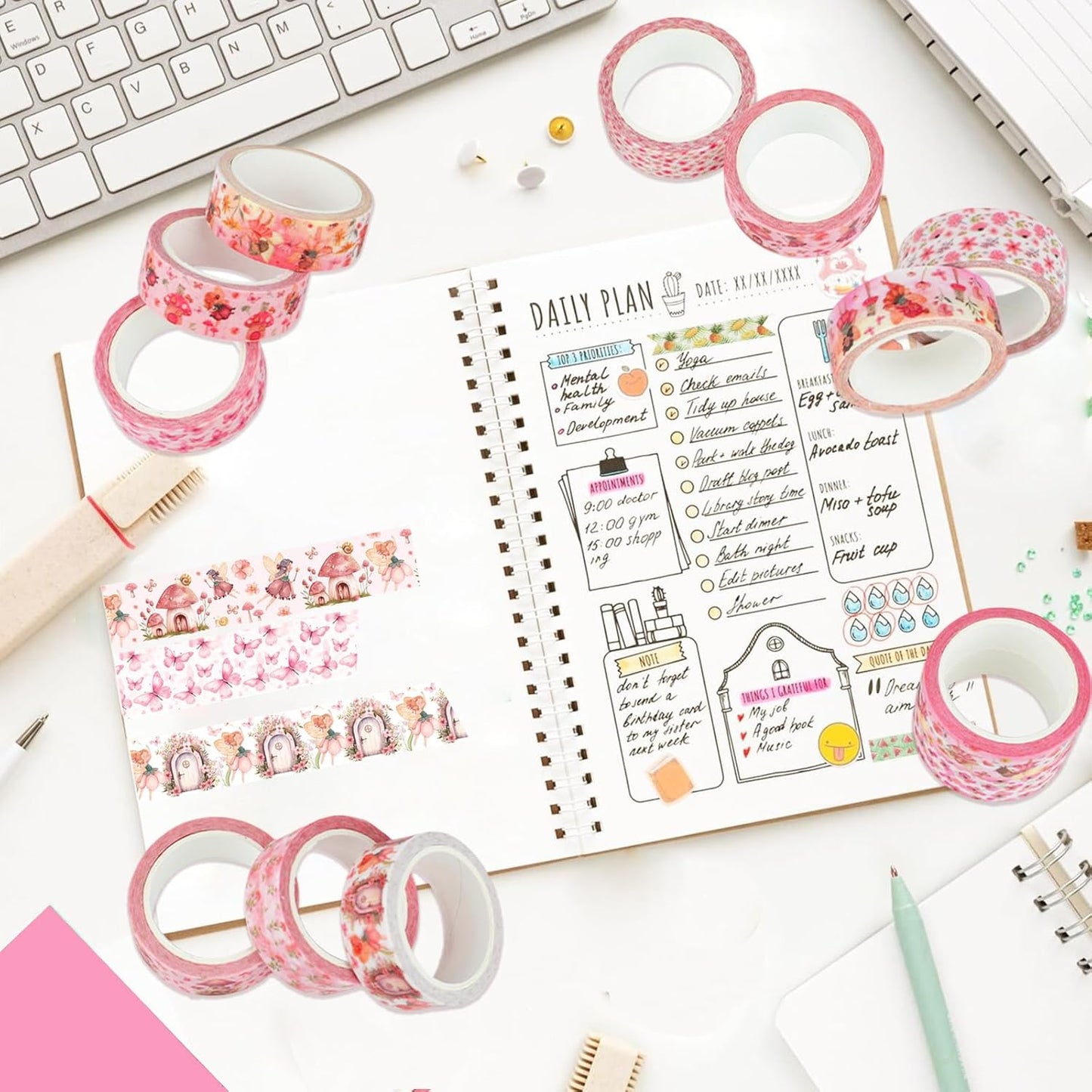 12 Rolls Fairy Washi Tape Set, Fairy Mushroom Butterfly Floral Decorative Tape, Pink Watercolor Masking Tapes for Scrapbooking Journaling Party Supplies, DIY Art Crafts, Gift Wrapping 16.4FT