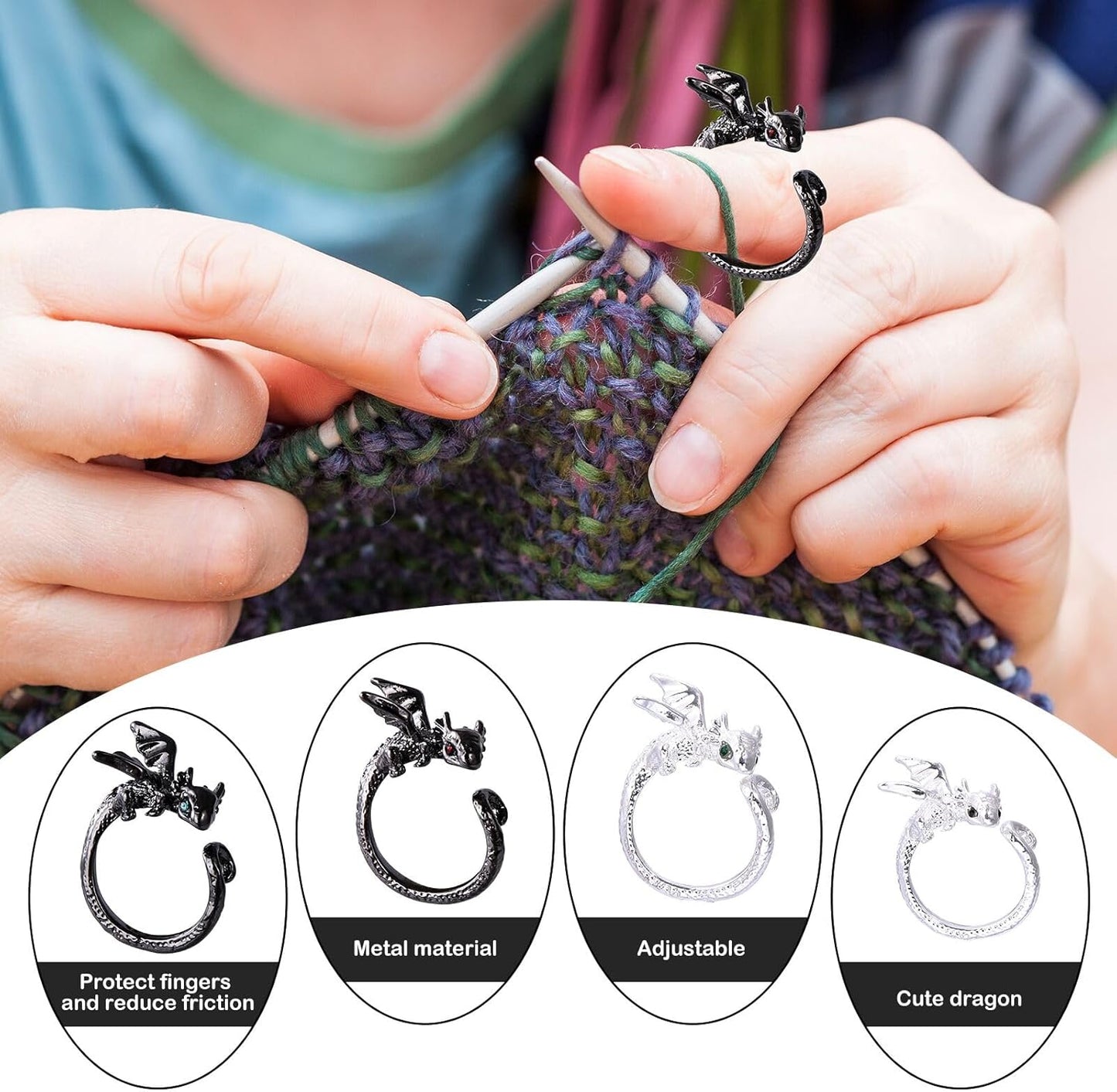 Wurosi 4PCS Crochet Rings, Dragon Tension Rings for Crocheting, Adjustable Crochet Tension Ring for Finger, Yarn Guide Rings for Crocheters Knitters Mom Grandma Gifts