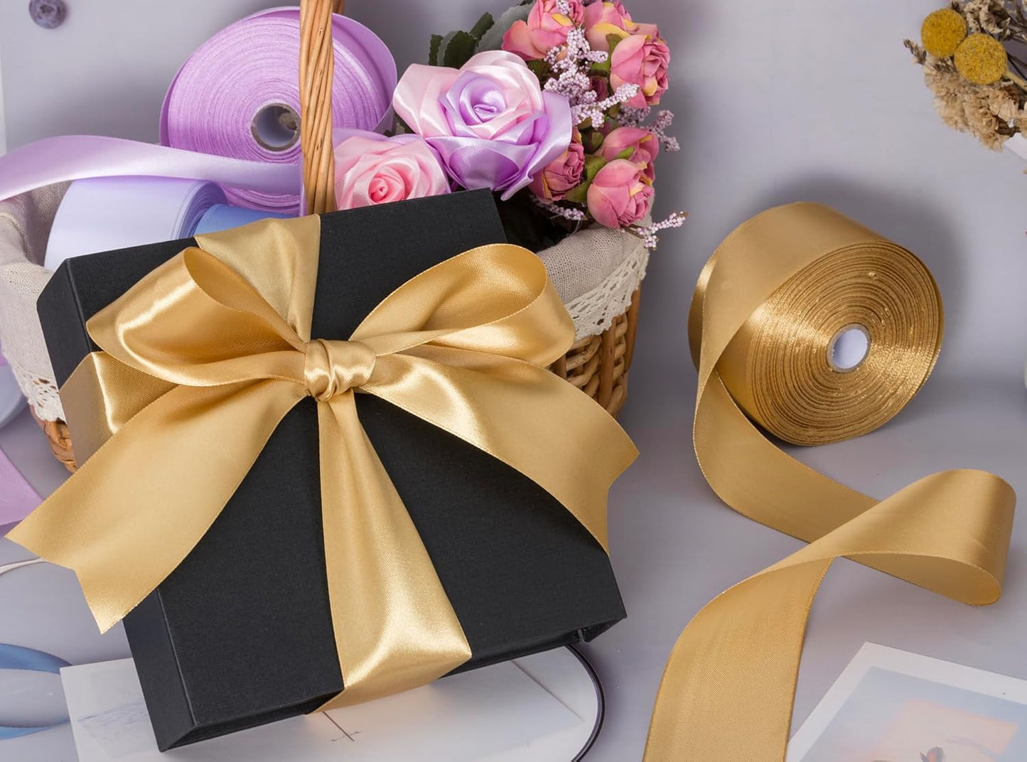 2 Inch Champaign Gold Solid Satin Ribbon, 50 Yards Craft Fabric Ribbon for Gift Wrapping Floral Bouquets Wedding Party Decoration