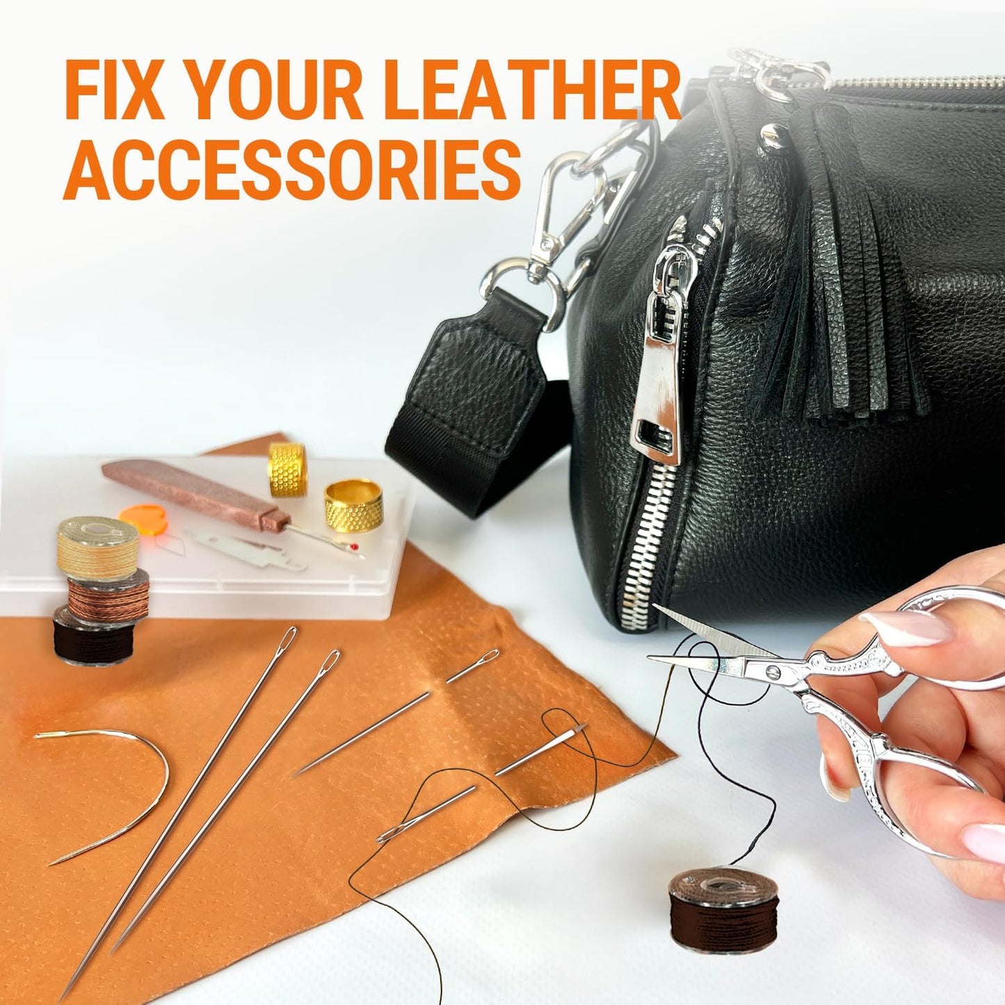 VONEEDL Heavy Duty Sewing Needles (11 PCS) & Waxed Thread (4 Different Brown Colors) - Upholstery Repair Kit for Leather, Canvas, Quilting & More