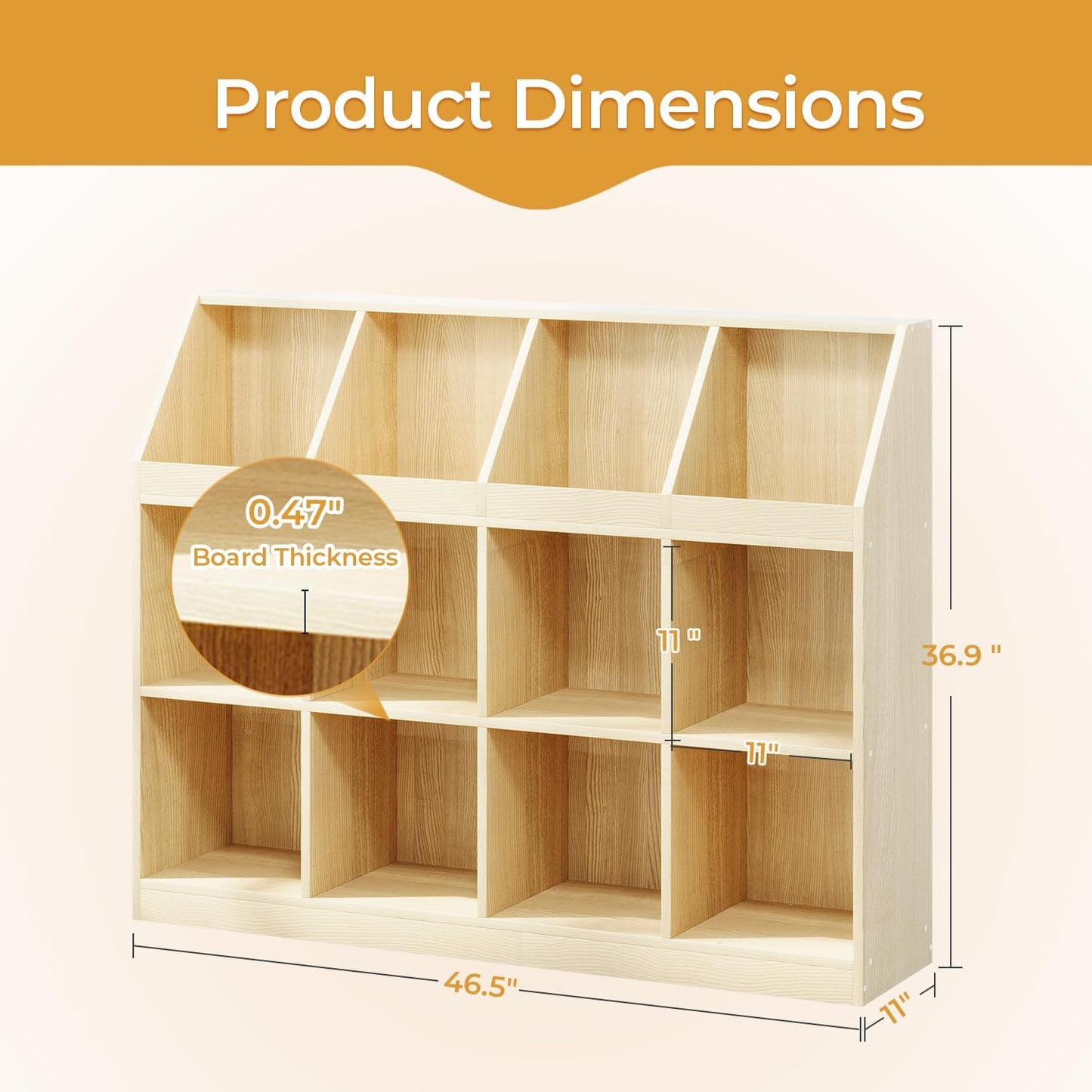 12-Cube Wooden Storage Bookcase - 11-Inch Open Shelf Cabinet, Simple Modern Bookshelf Organizer for Home Office, Living Room, Oak