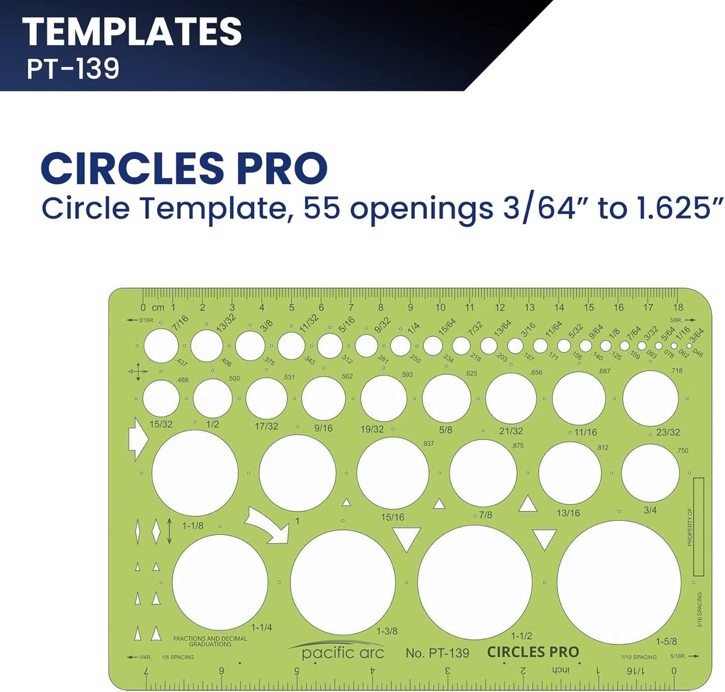 Pacific Arc Circle Template - 55 Shapes from 3/64” to 1.625" - Drawing Aid Stencil for Professional or School Work - Size 6.375" x 9.75"
