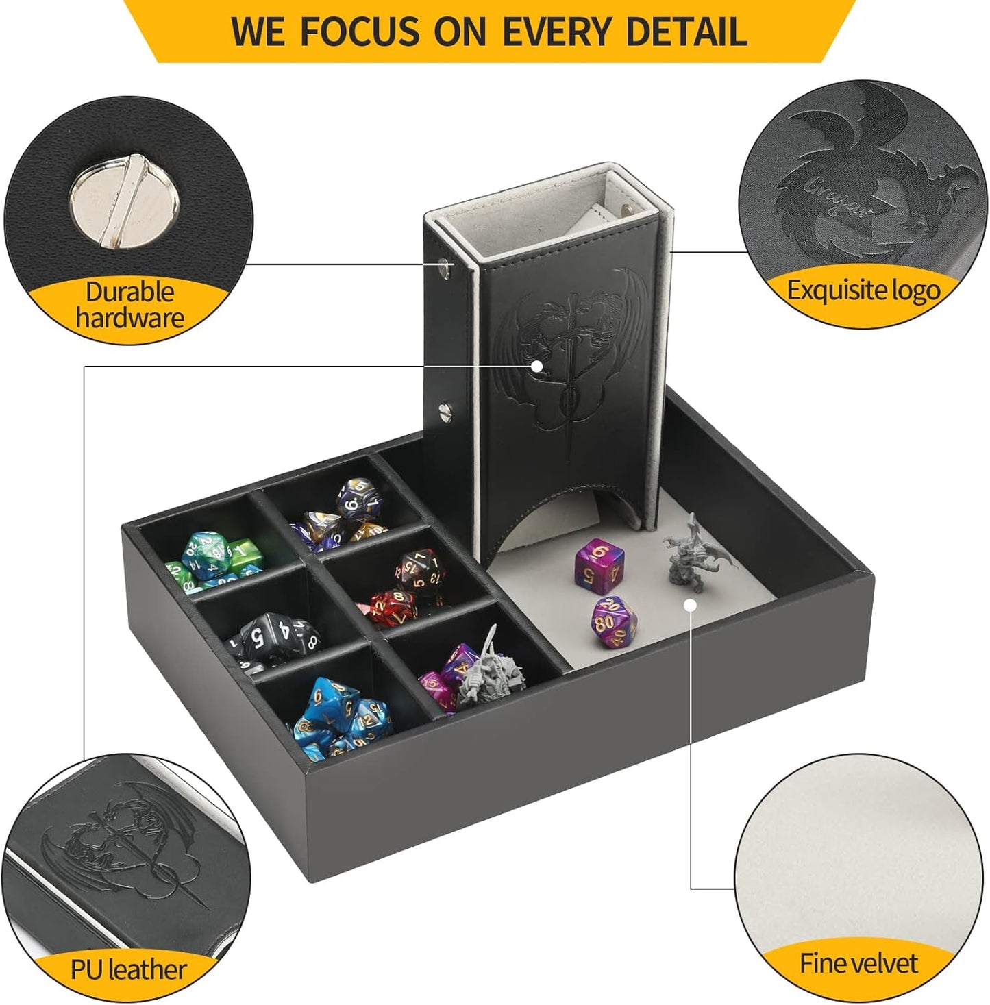 3 in 1 Dice Tray with Lid and Storage Tower, Portable Dice Box Holder for D&D RPG MTG Table Games - Gray