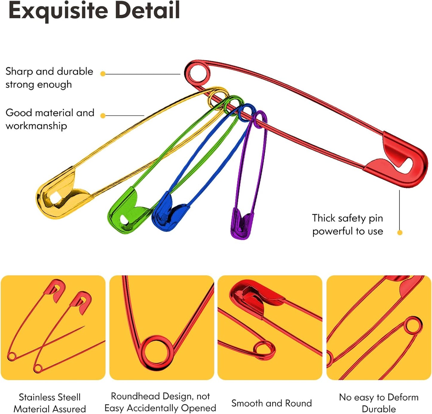 Safety Pins Assorted, 340 Pack 5 Different Sizes Small and Large Safety Pin for Clothes Costume Sewing, Nickel Plated Steel, Arts and Crafts Supplies, 5 Colors