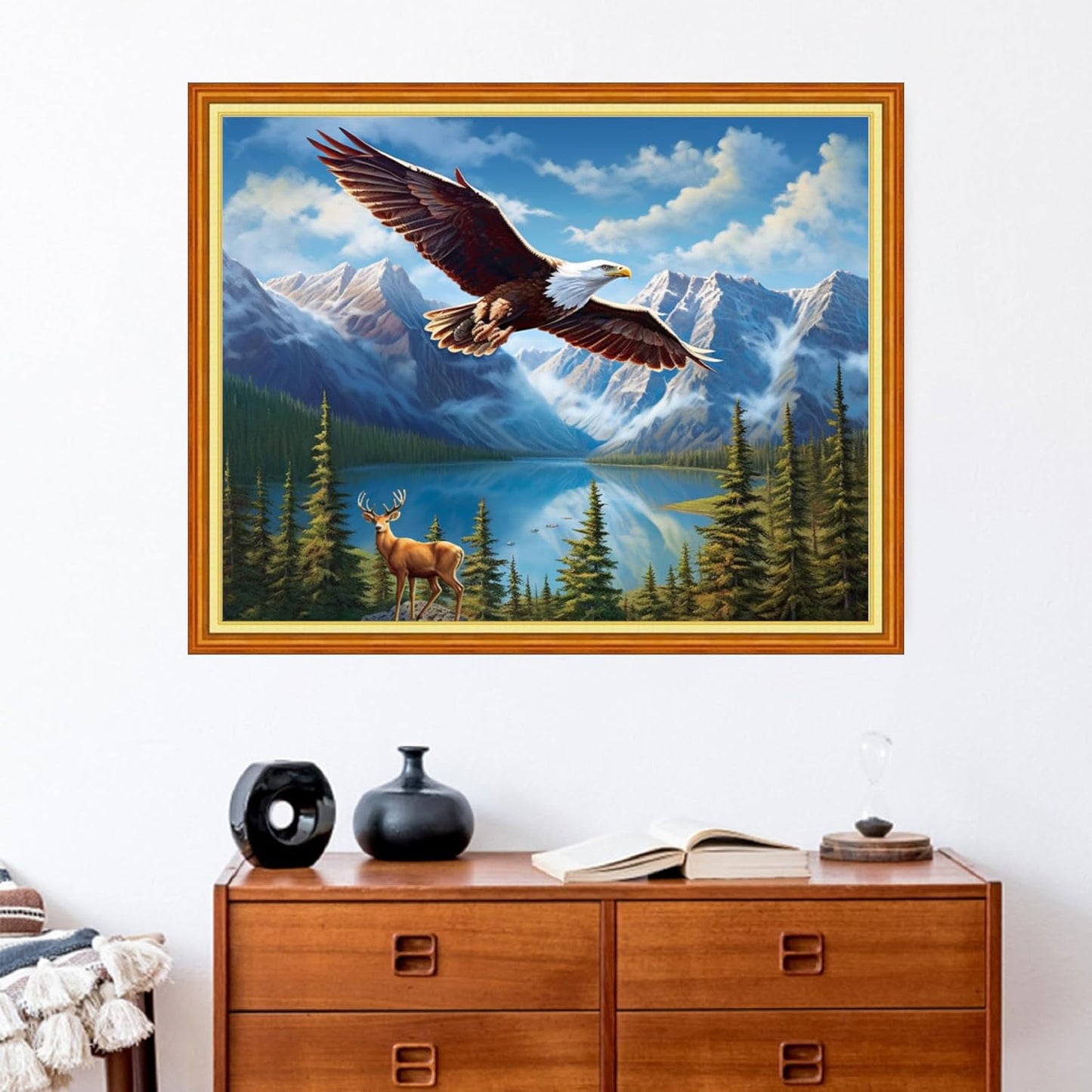 Stamped Cross Stitch Kits - Beach Night Landscape Counted Cross Stitch Kits for Beginners Adults Needlepoint Cross-Stitch Patterns-Eagle Mountains and Rivers 16x20 inchs