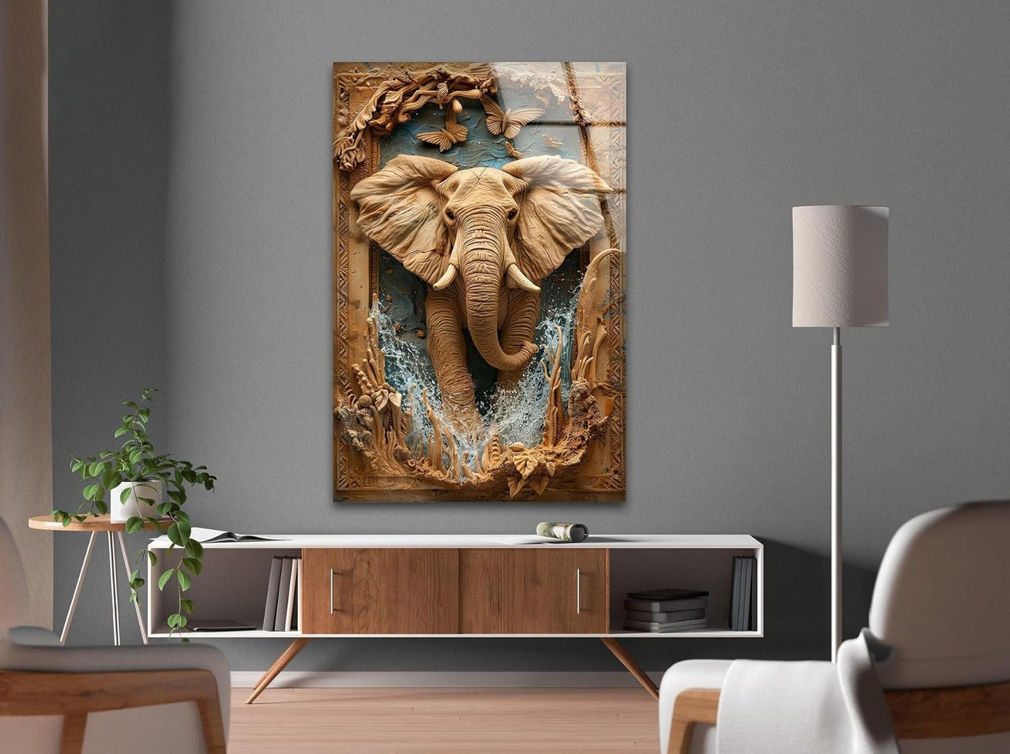 My Photostation.com 27Wx43H'' Elephant Carving Glass Wall Art Tempered Glass Printing Wall Decor Large Wall Art Wall Hangings