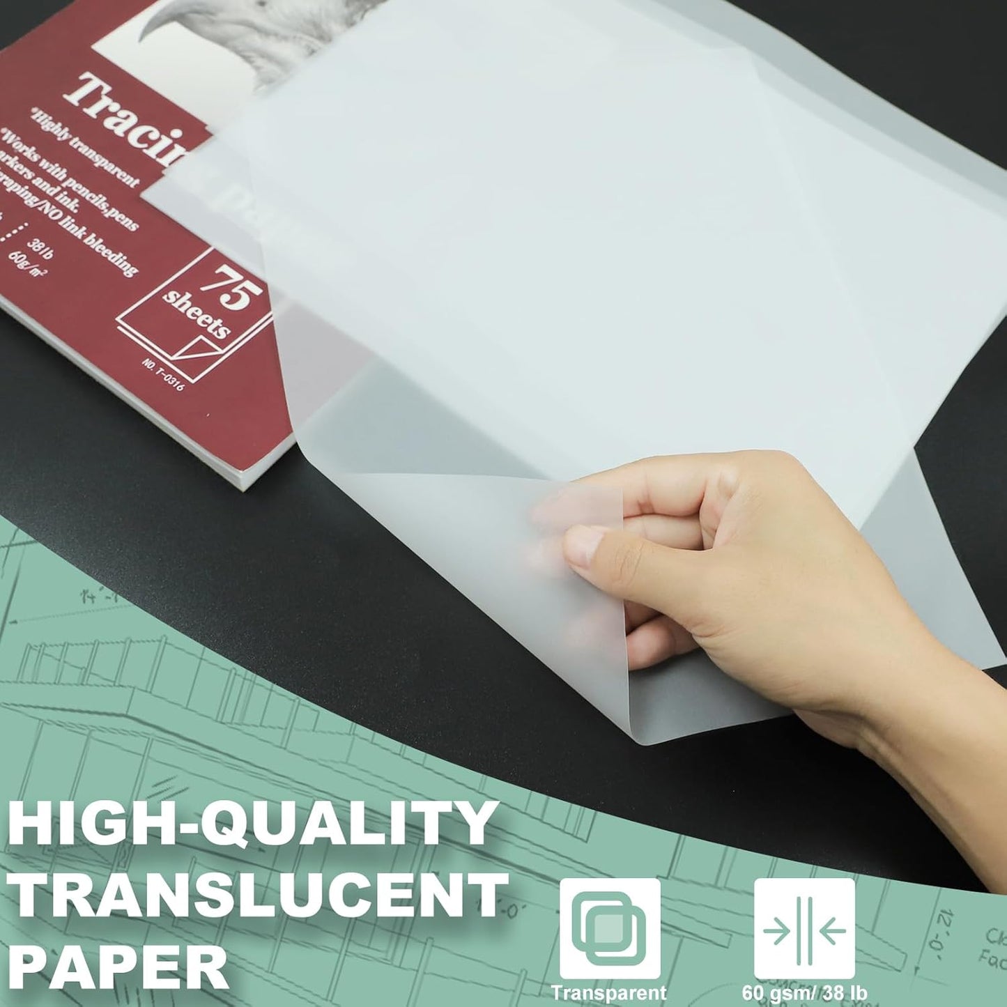 Tracing Paper for Drawing, 9 X 12'' Tracing Paper Pad, 75 Sheets Transparent Vellum Paper for Tracing Pads, 38lb/60gsm Translucent Trace Pad for Pencil Sketching, Image Tracing.
