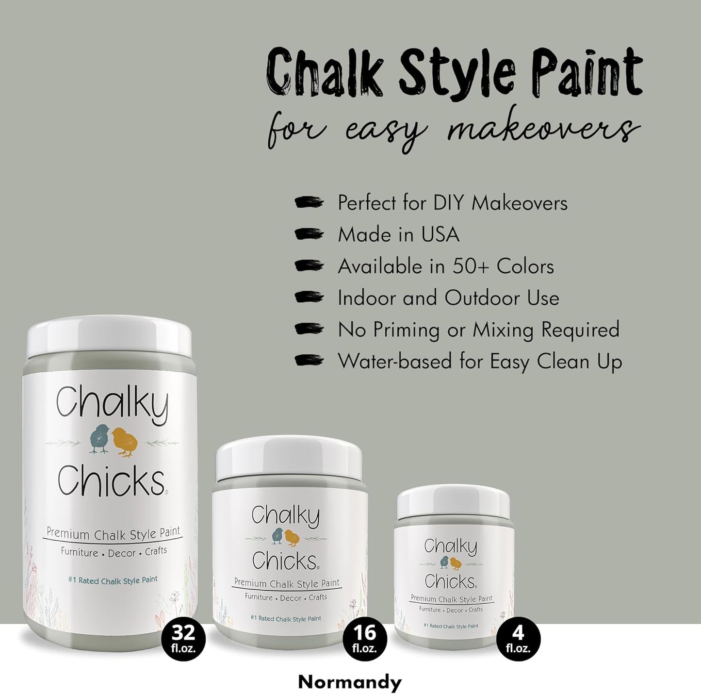 Chalky Chicks All-in-One Chalk Paint for Furniture or Cabinet - 32 Fl Oz - Matte Finish Normandy (Light Gray) for Metal, Wood Furniture Paint - No Sanding All-in-One for Home Decor & Crafts, USA Made
