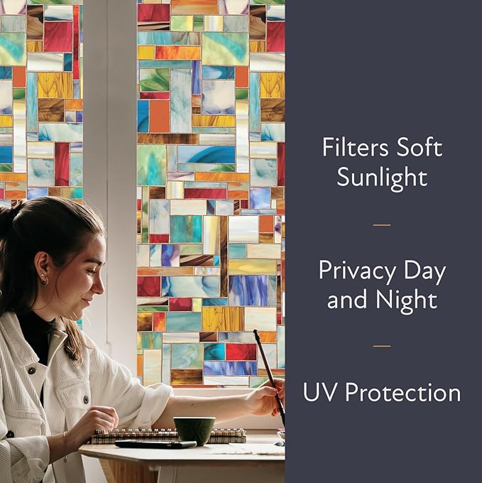 Artscape Montage | Privacy Window Film with Vibrant Colored Pattern | Non-Adhesive & UV Protection | Easy to Apply & Removable | 24 x 36 Inches | Made in USA
