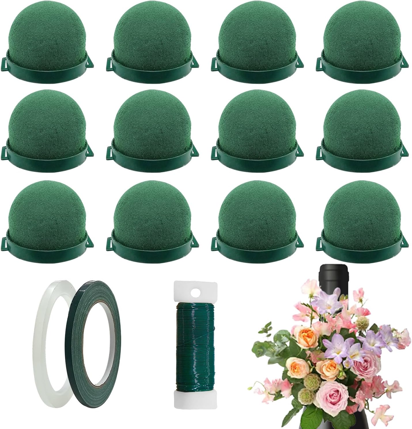 12 Pack Floral Foam Holder Mini Round Hemisphere Floral Foam Blocks with Wire and Tape for Table Wedding Party Wine Flower Bottle Decor