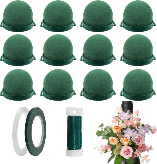 12 Pack Floral Foam Holder Mini Round Hemisphere Floral Foam Blocks with Wire and Tape for Table Wedding Party Wine Flower Bottle Decor