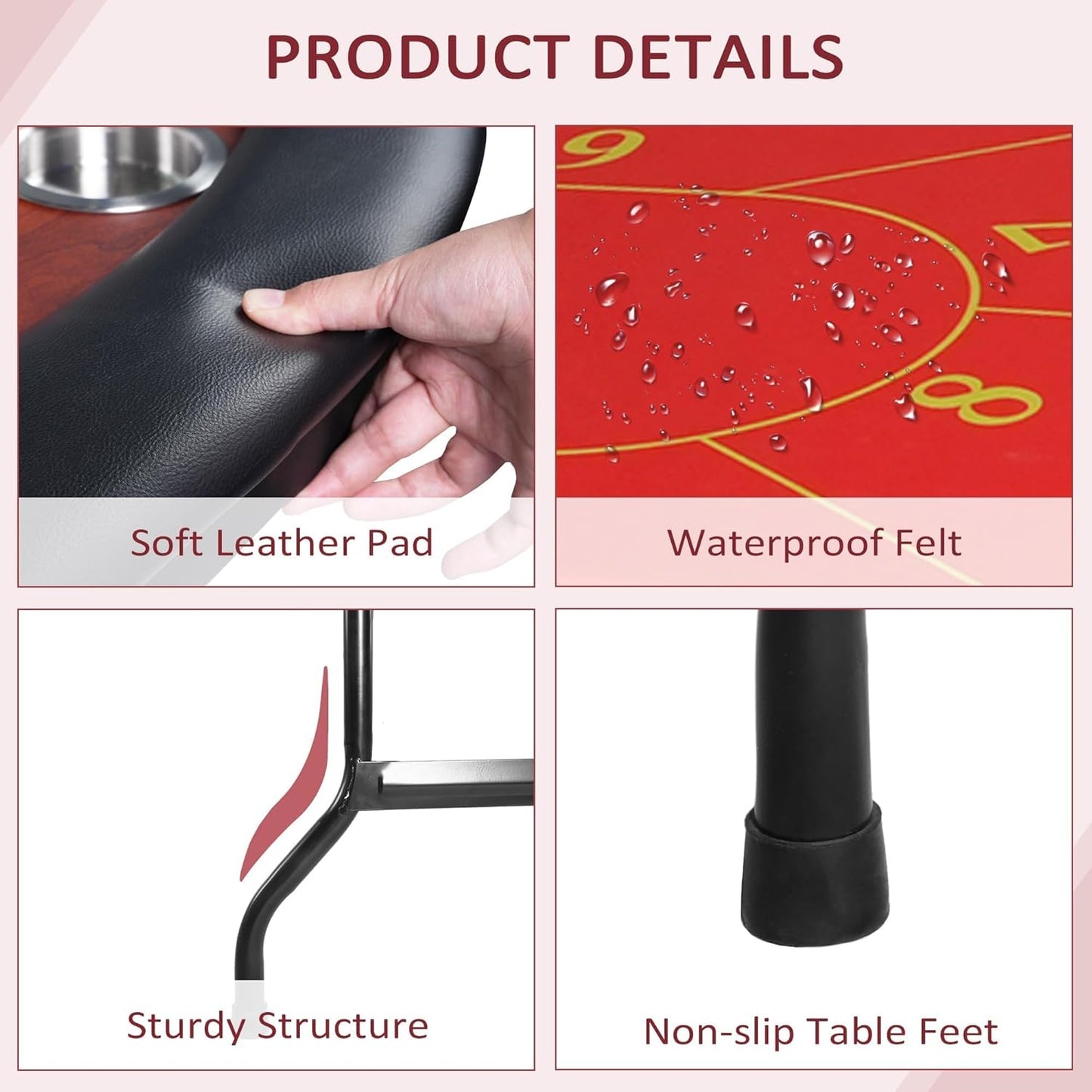 Upgrade 84" Folding Poker Table, 10 Players Oval Card Table with Stainless Steel Cup Holders & Padded Rails, Casino Leisure Felt Surface Texas Hold 'em Poker Table, Red