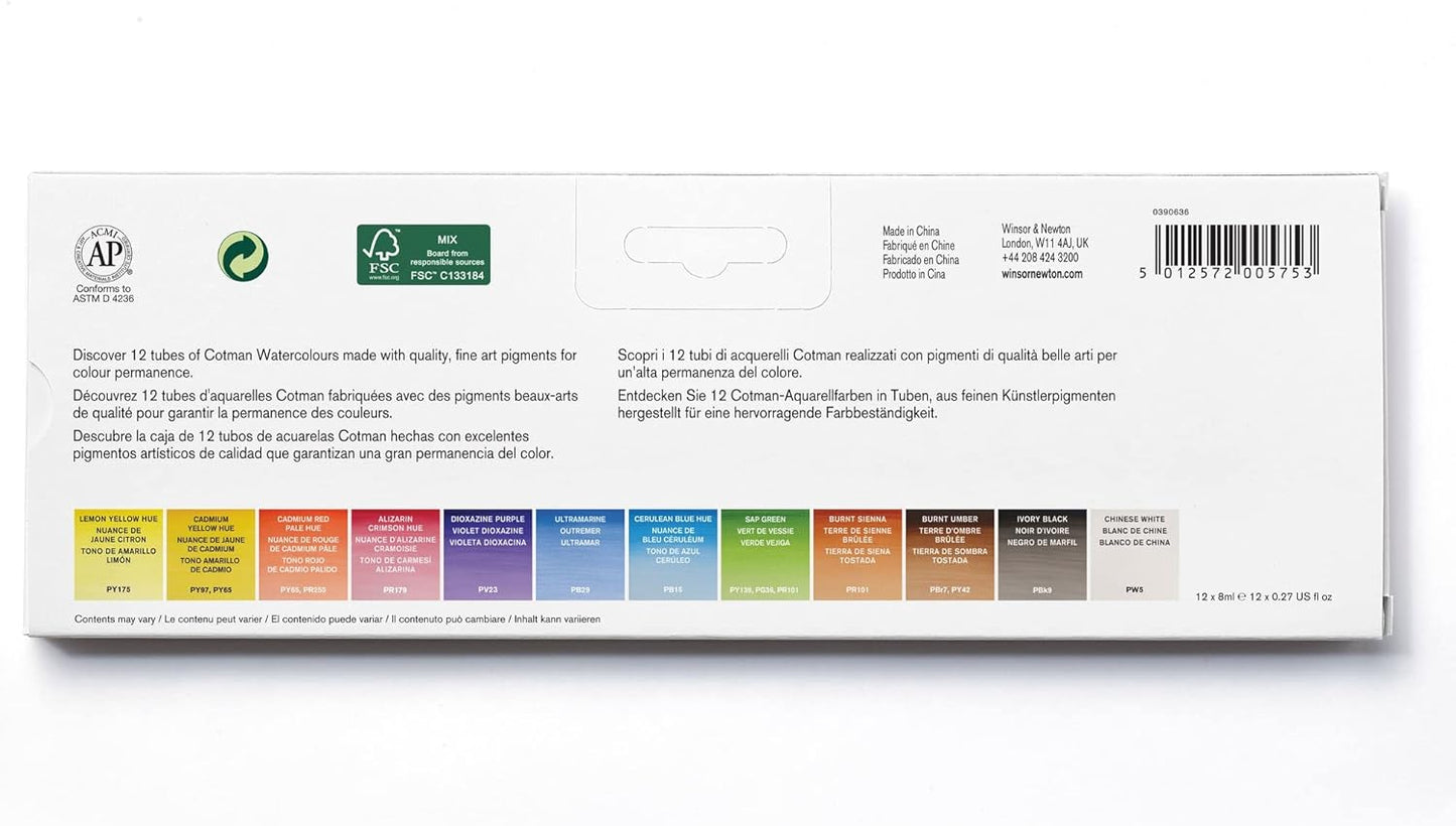 Winsor & Newton Cotman Watercolor Paint Set, 12 Colors, 8ml (0.27-oz) Tubes