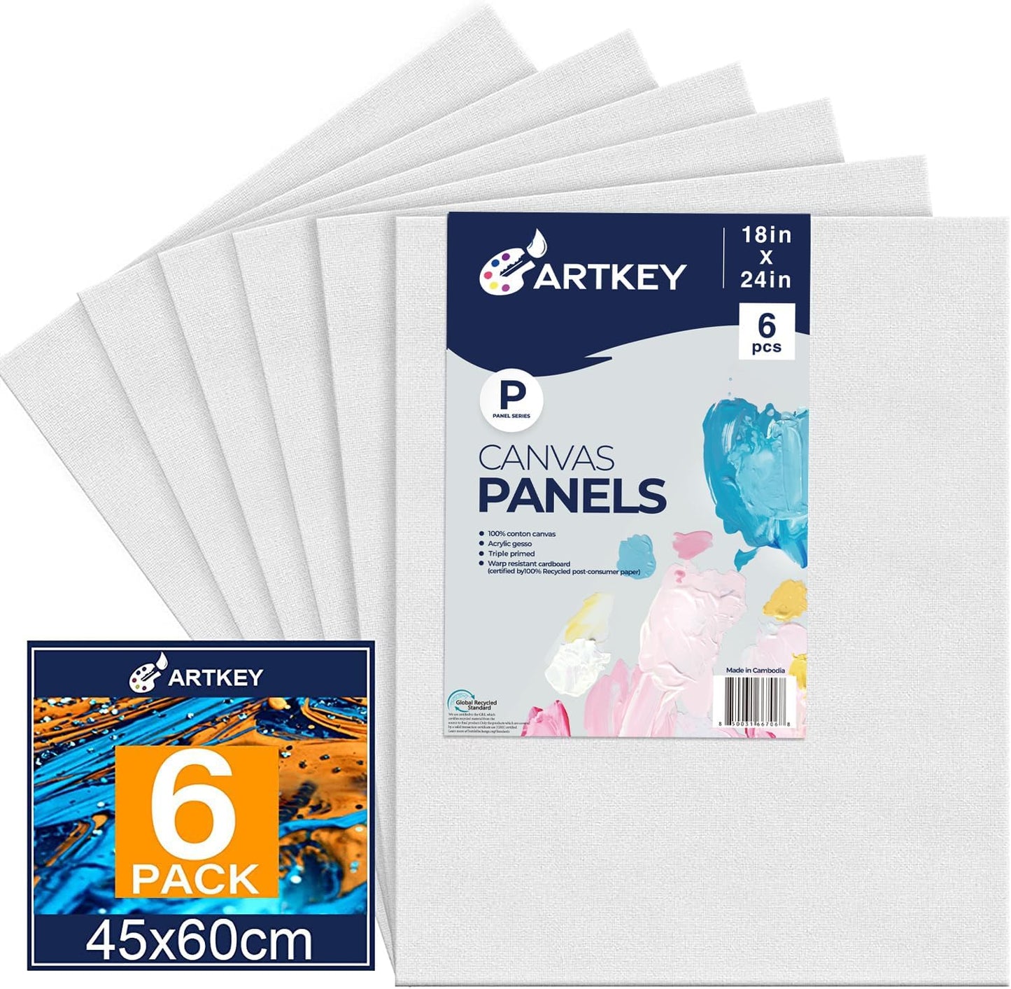 Artkey Canvas Panels 18x24 Inch 6-Pack, 10 oz Primed 100% Cotton Large Canvases for Painting, White Blank Flat Canvas Boards for Oil Acrylics Watercolor & Tempera Paints