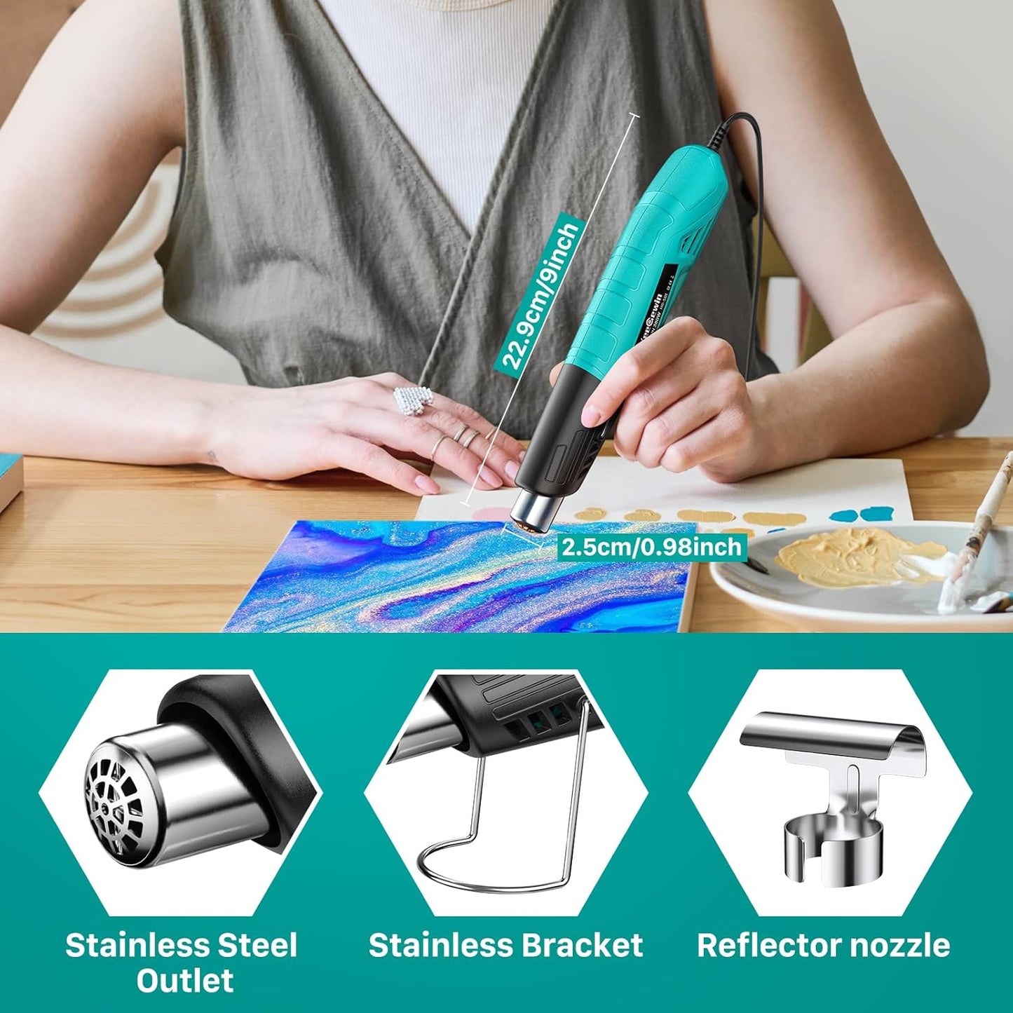 Heat Gun, 380W Fast Heat Mini Hot Air Gun with 2-Temp Settings 480°F-850°F(249°C-455°C) Overheat Protection Reflector Nozzle, 4.9Ft Long Cable for Shrink Wrap,Vinyl, Crafts, Epoxy Resin