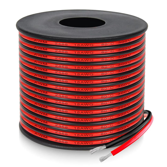 18 Gauge 2 Conductor PVC Tinned Copper Electrical Wires, 32.8FT/10M Red and Black Double Parallel Wire,0.82mm²，for DIY Projects, Home Electrical, Power Wiring,Car Speaker Wires, LED Wires.
