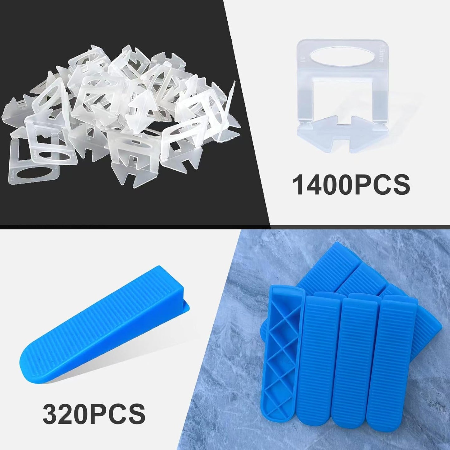 Tile Leveling System 1/16”Kit 1400pcs Tile Leveler Spacers Clips +320pcs Reusable Wedges Tile Leveler Tool Set for Tile & Stone Installation（1720）