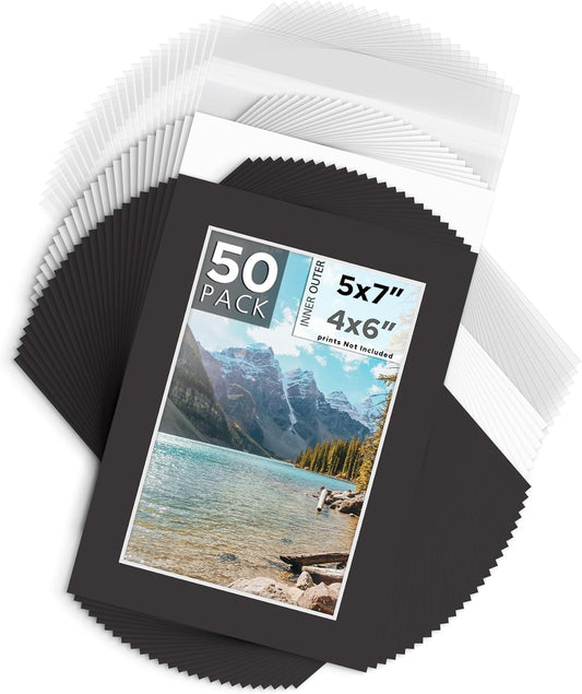 Mat Board Center, Pack of 50, 5x7 for 4x6 Black Mat Kit - Acid Free, 4-ply Thickness, White Core - Includes Backing Boards and Clear Bags - for Pictures, Photos, Framing