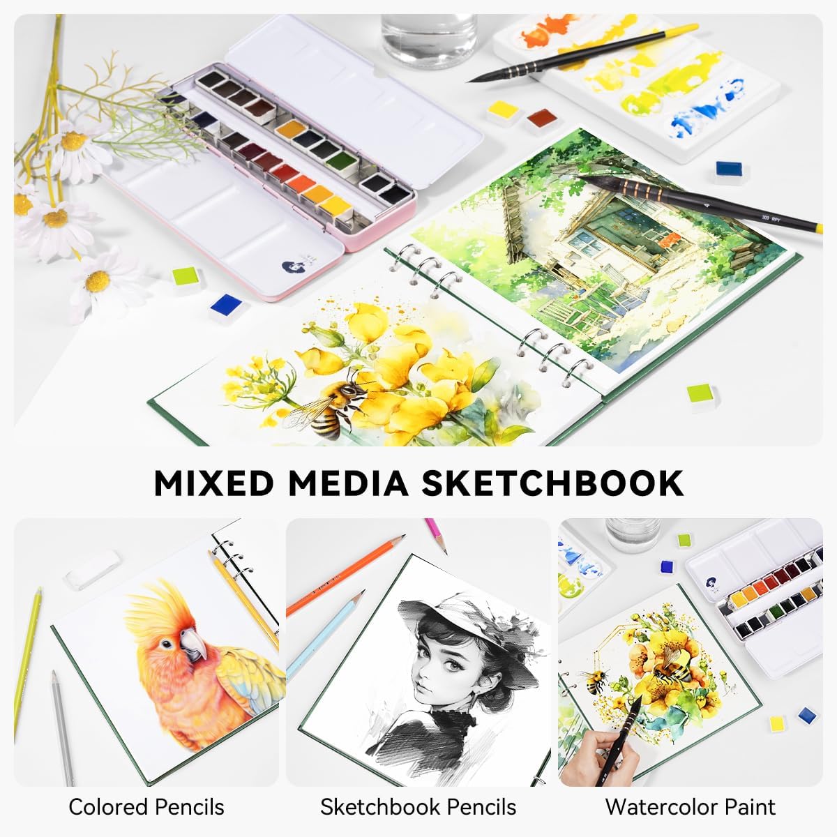 Lightwish Square Watercolor Journal,100% Cotton,300gsm/140lb,Acid-Free,20 Sheets Hot Press Watecolor Paper Sketchbook for Artists Adults Students,7.68 * 7.68 Inches(Dark Green)