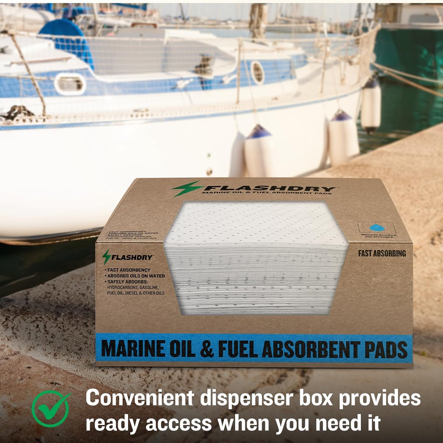FLASHDRY Marine Oil & Fuel Spill Absorbent Pads - 100-Count Box, 17.5” x 13.5”, Water Repellent, Effective Spill Control, Marine Protection, High-Performance, Eco-Friendly, Tear Resistant