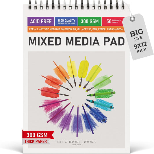 BEECHMORE BOOKS Mixed Media Spiral Sketchbook A4 9×12 – 300 GSM Heavyweight Paper, 50 Perforated Sheets, Bleedproof Art Pad for Watercolor, Acrylic, Oil, Gouache, Markers
