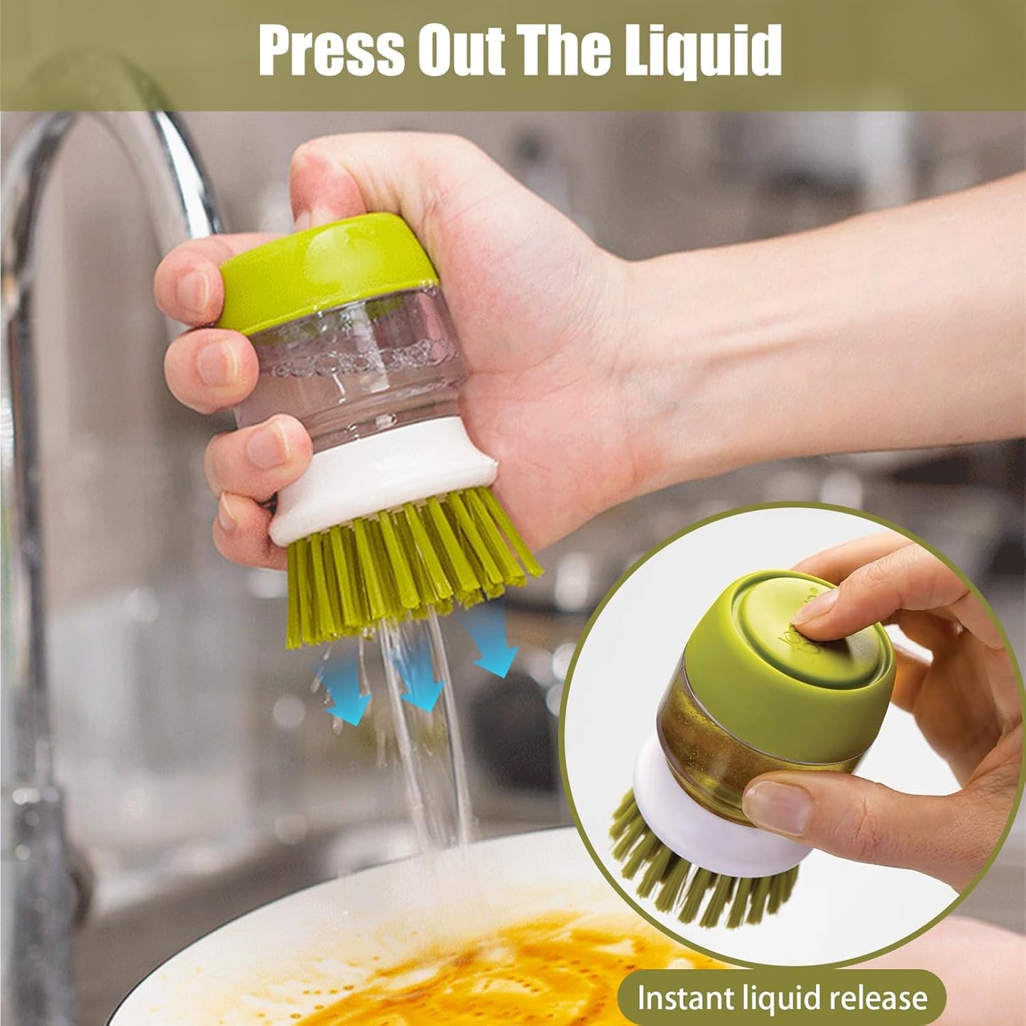 Soap Dispenser Dish Brush Palm Brush Scrub Brush Equipped with Storage Bracket and Drainage Base,Easy to Clean Kitchen Utensils and Sink, Includes a Replaceable Brush（Green）