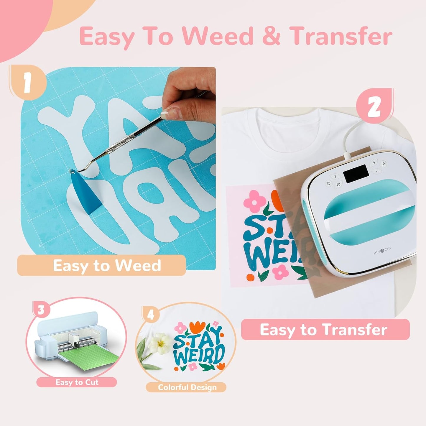 HTVRONT HTV Heat Transfer Vinyl Bundle: 47 Pack 12" x 10" Iron on Vinyl for T-Shirt, 33 Assorted Colors with HTV Accessories Tweezers, Silhouette Cameo or Heat Press Machine